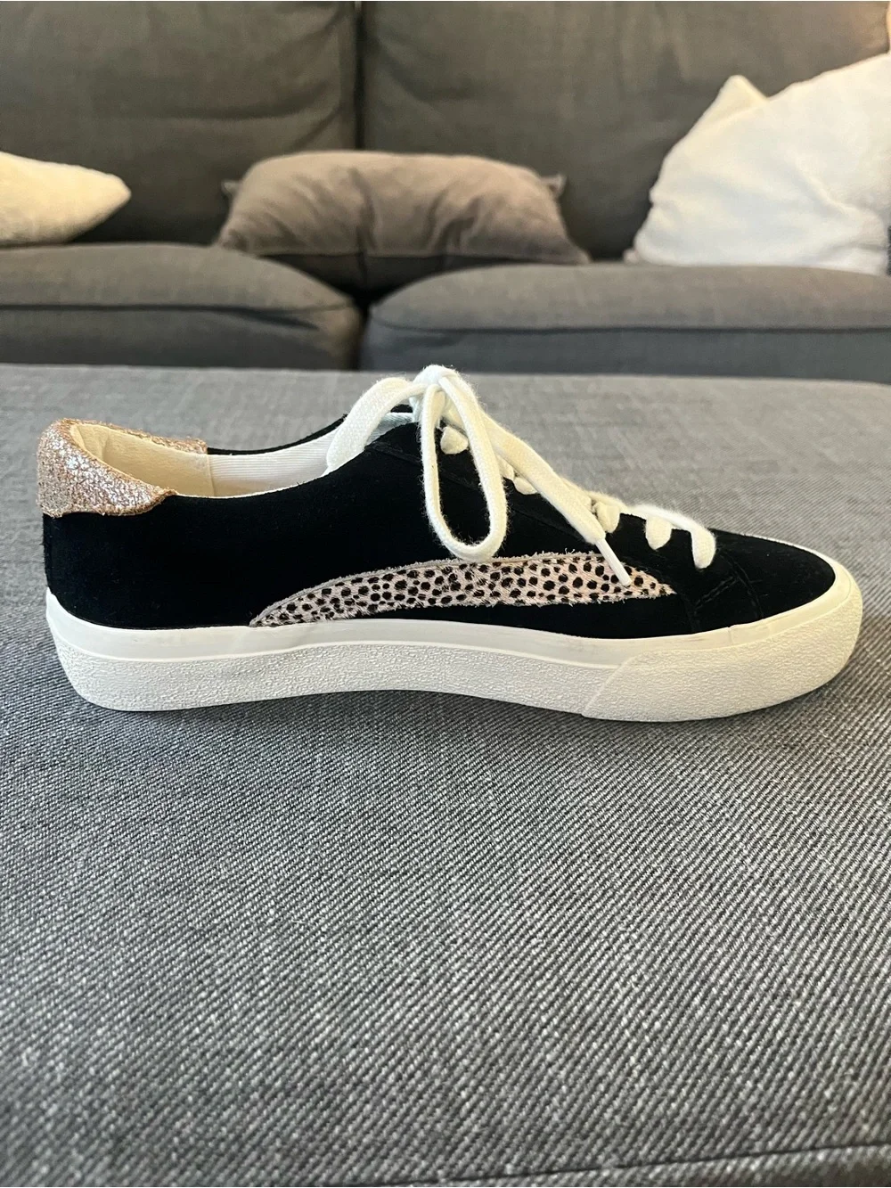 Madewell Sidewalk Low-Top Sneakers in black suede with a cheetah-spot calf hair